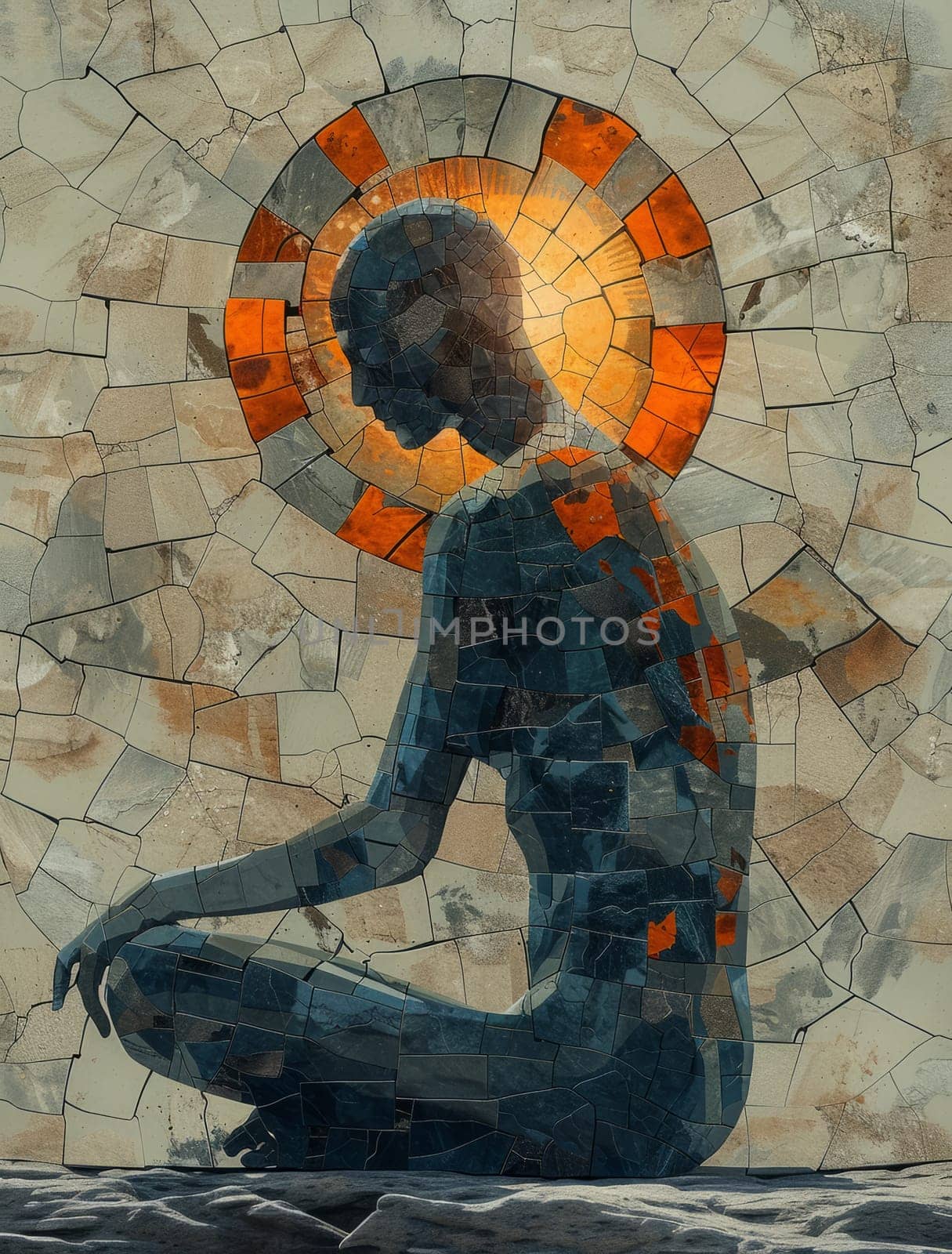 A Man is meditating and sun. Mosaic Art Print. Building yourself from pieces, yoga concept. Ai generated