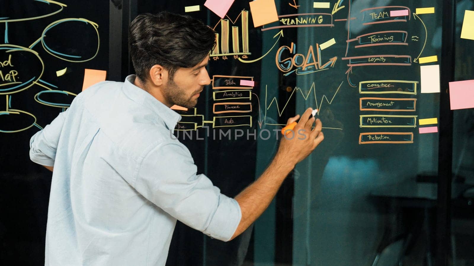 Smart manager writing business plan at glass wall on sticky notes. Skilled businessman sharing, presenting marketing strategy. Leader pointing at mind map and sticky notes on glass wall. Tracery