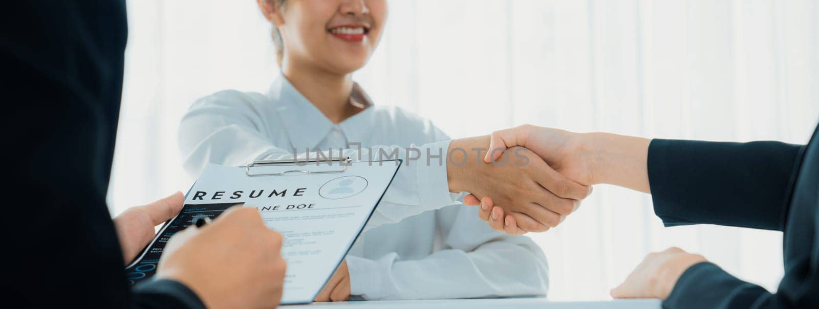 Corporate recruiter interview shake hand and hire job candidate after make successful job interview. Successful bob interview appointment for career opportunity and HR manager concept. Panorama Shrewd