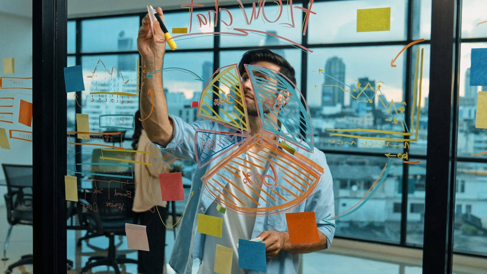 Businessman uses sticky notes at glass wall to brainstorming idea. Tracery by biancoblue