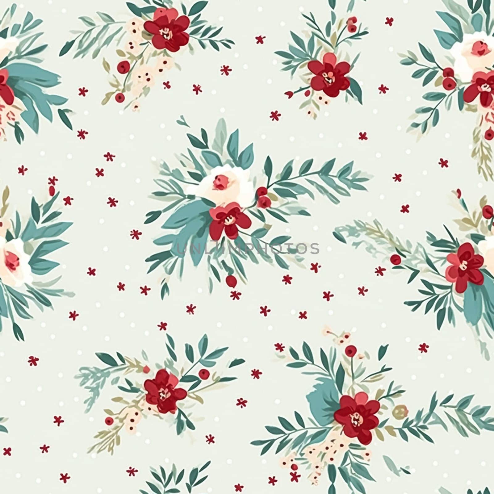 Seamless pattern, tileable Christmas holiday floral country dots print, English countryside flowers for wallpaper, wrapping paper, scrapbook, fabric and product design motif