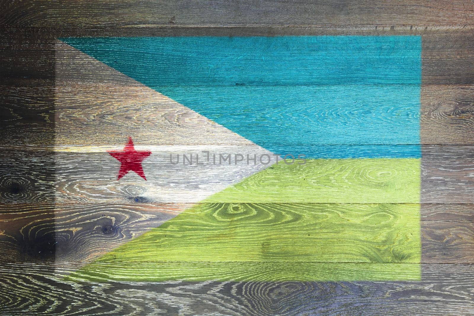 Djibouti flag on rustic old wood surface background by VivacityImages