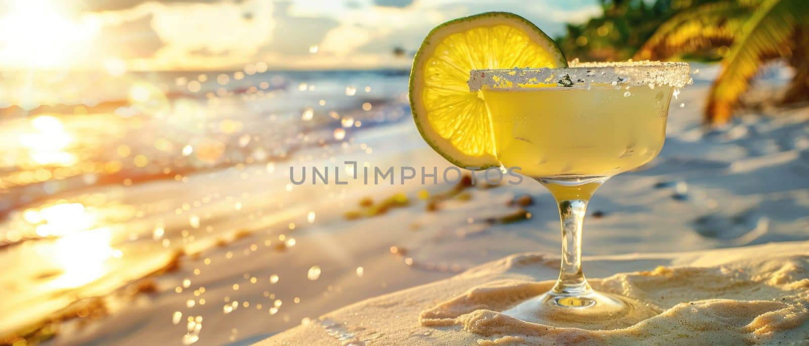 A glass of margarita with a lime wedge on top is on a beach.