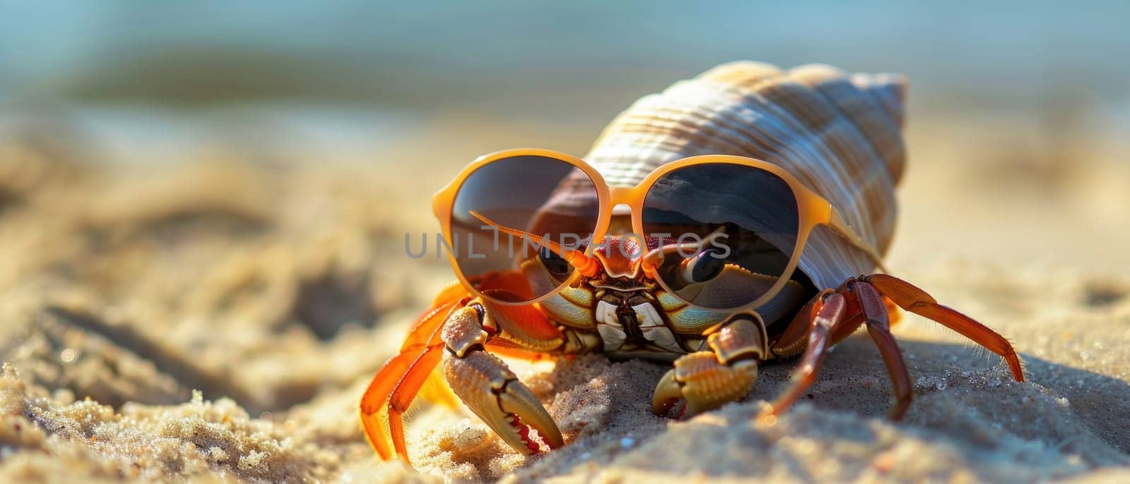 A crab wearing sunglasses is sitting on a sandy beach.