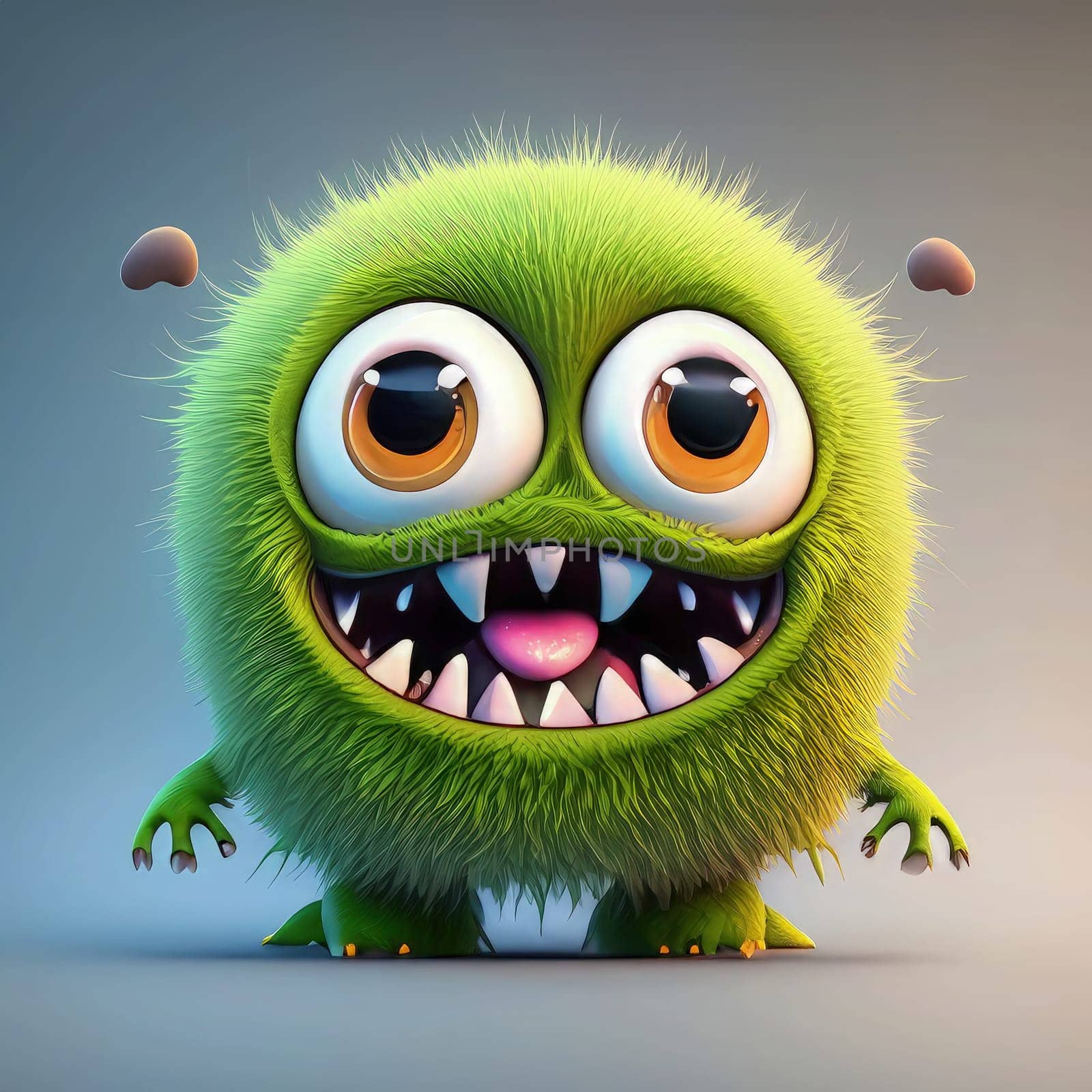 Funny green monster with big eyes. 3d render illustration. Generative AI.