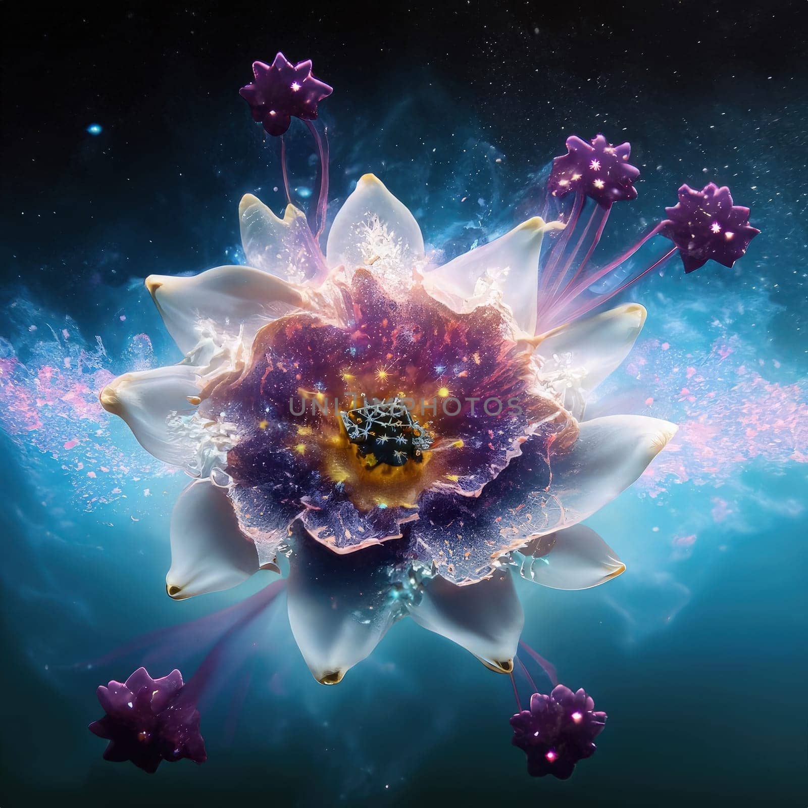 3d illustration of abstract fractal with white flower and blue space by Waseem-Creations