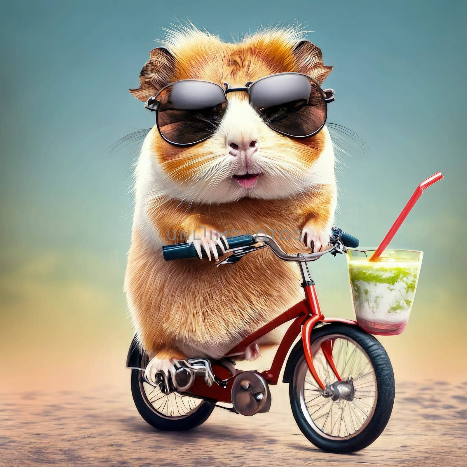 Funny guinea mouse with sunglasses rides a bicycle and drinks smoothie. Generative AI.