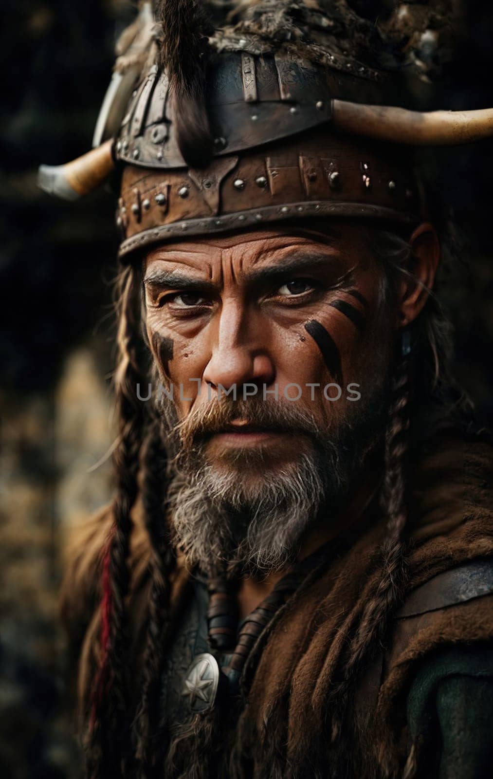 Portrait of an ancient warrior with a beard and mustache in a warlike costume by Waseem-Creations