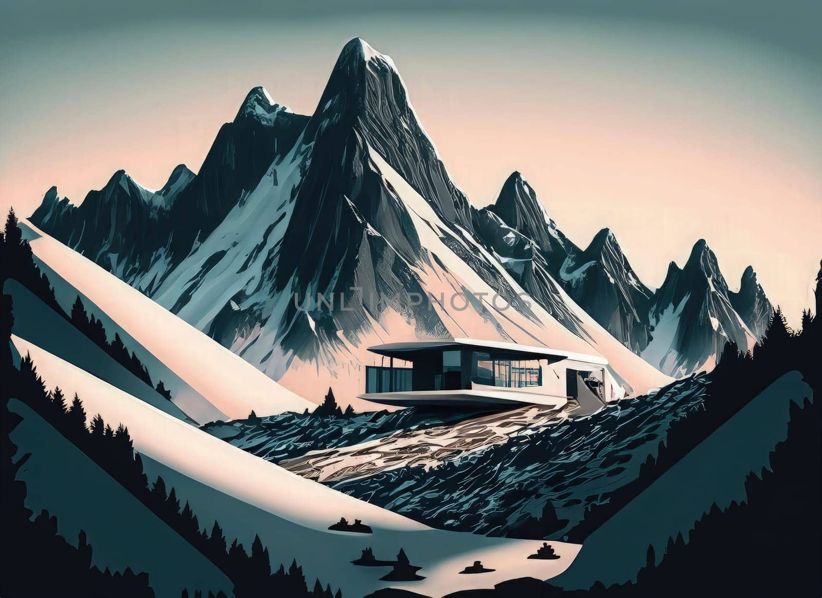 3d illustration of a mountain landscape with a house in the middle. Generative AI.