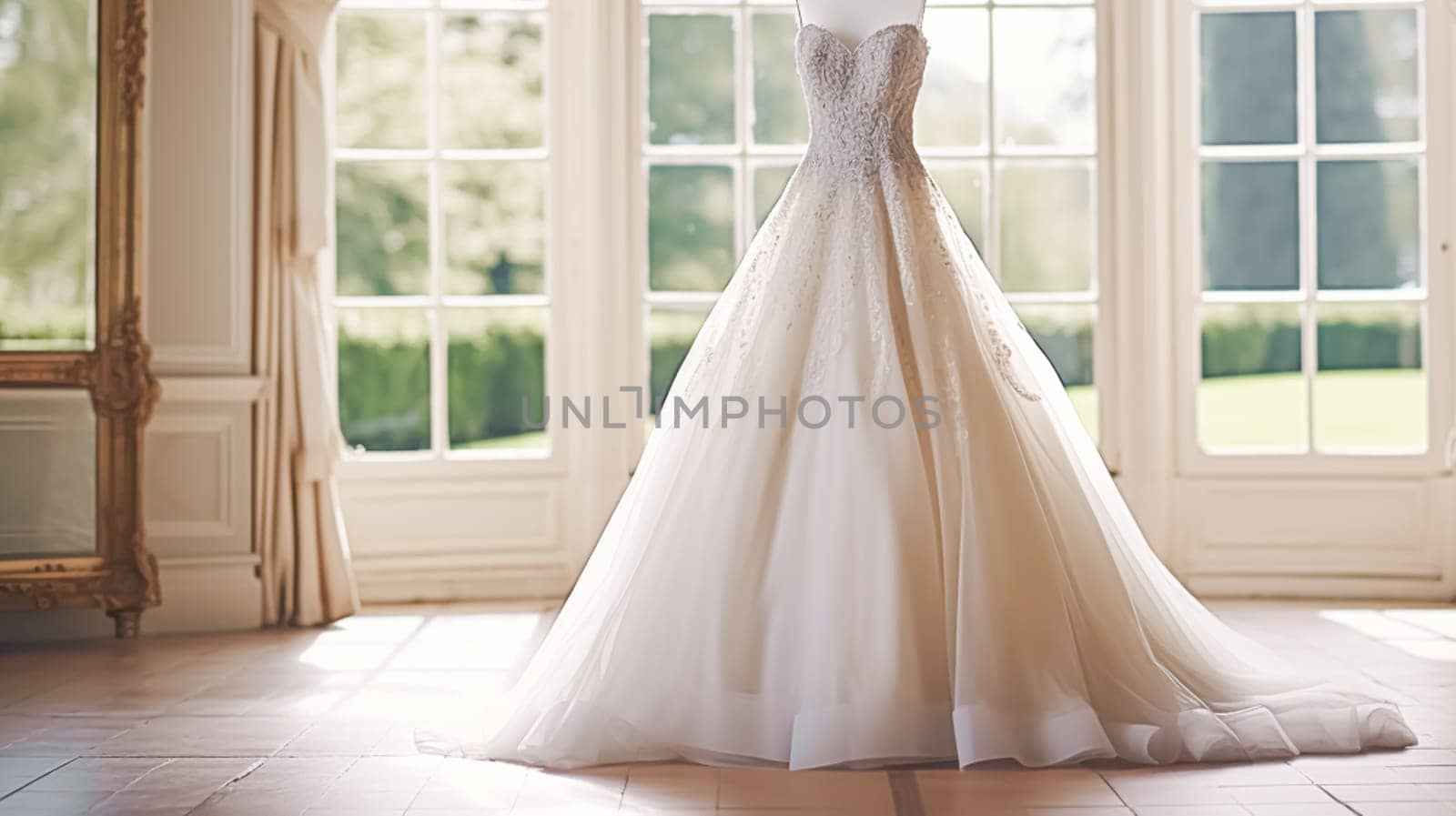 Wedding drees, bridal gown style and bespoke fashion, full-legth white tailored ball gown in showroom, tailor fitting, beauty and wedding by Anneleven