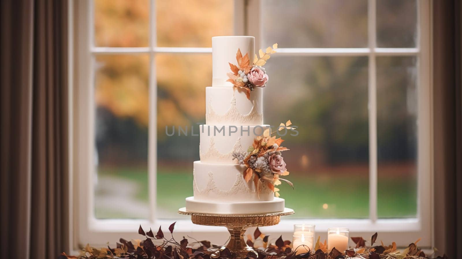 Wedding cake design, autumnal dessert styling and holiday decoration, multi-tier cake for an autumn event venue, food catering service and elegant country decor, cottage style by Anneleven