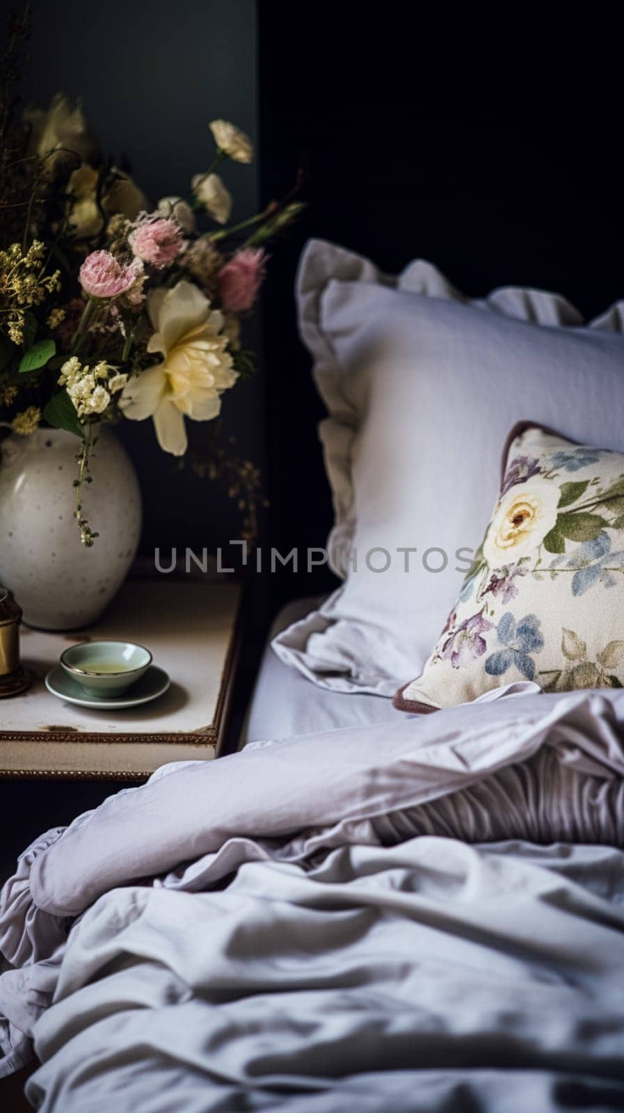 Bedroom decor, modern cottage interior design and home decor, bed linen and elegant country bedding, lamp and flowers, English countryside house style inspiration