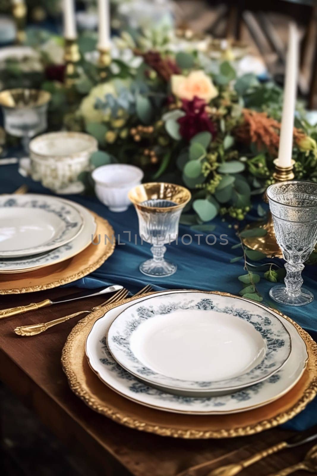 Formal holiday tablescape with blue decor, dinner table setting, table scape with elegant tableware and dinnerware for wedding party and event, generative ai by Anneleven