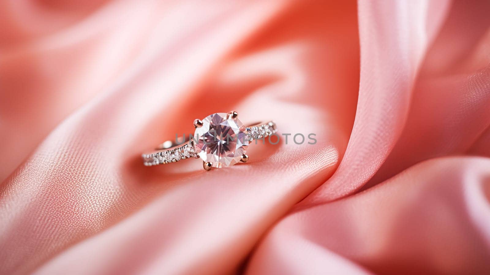 Jewellery, proposal and holiday gift, diamond engagement ring on pink silk fabric, symbol of love, romance and commitment inspiration