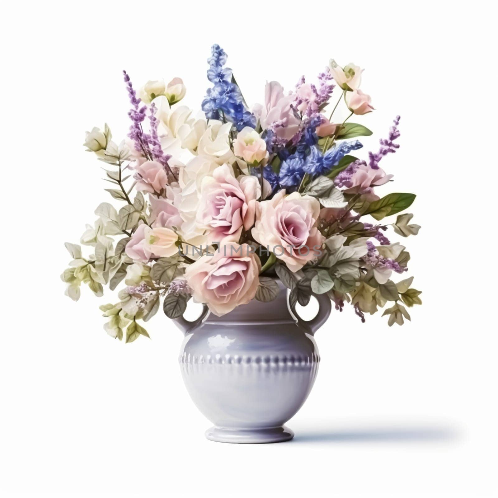 Beautiful bouquet of blooming flowers in a vintage vase isolated on white background, country style home decor and interior design, post-processed, generative ai
