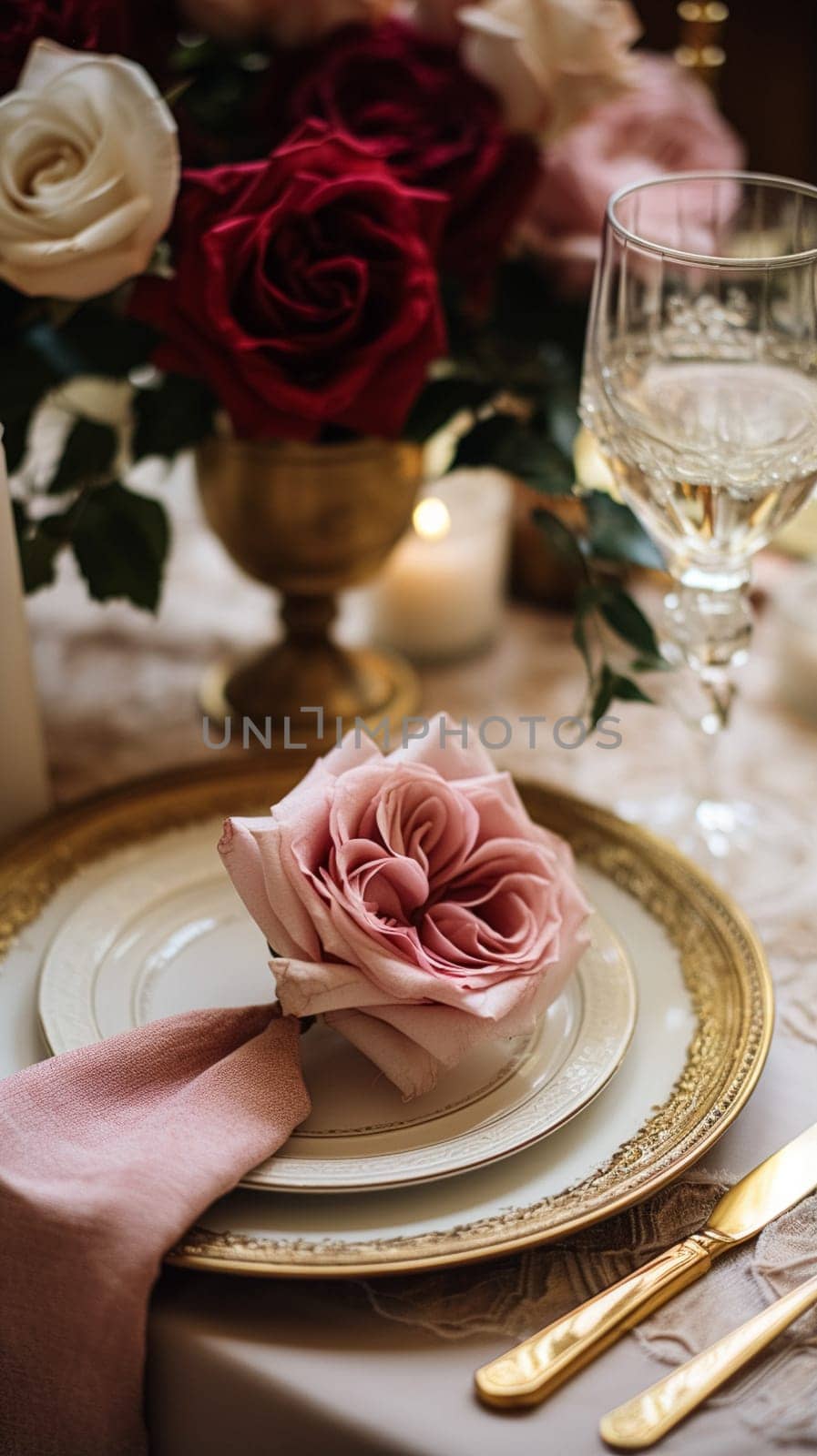 Elegant tablescape, formal dinner table setting with red roses and wine, elegant table decor for wedding, dinner party and holiday event decoration, home styling by Anneleven