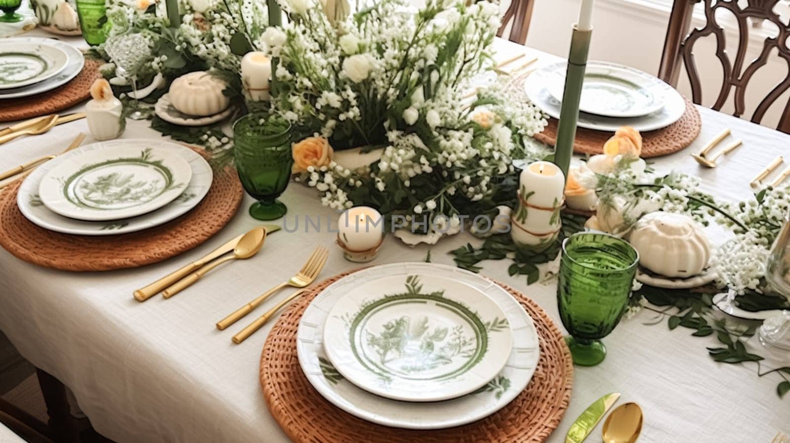 Green and white table decor, holiday tablescape and dinner table setting, formal event decoration for wedding, family celebration, English country and home styling by Anneleven