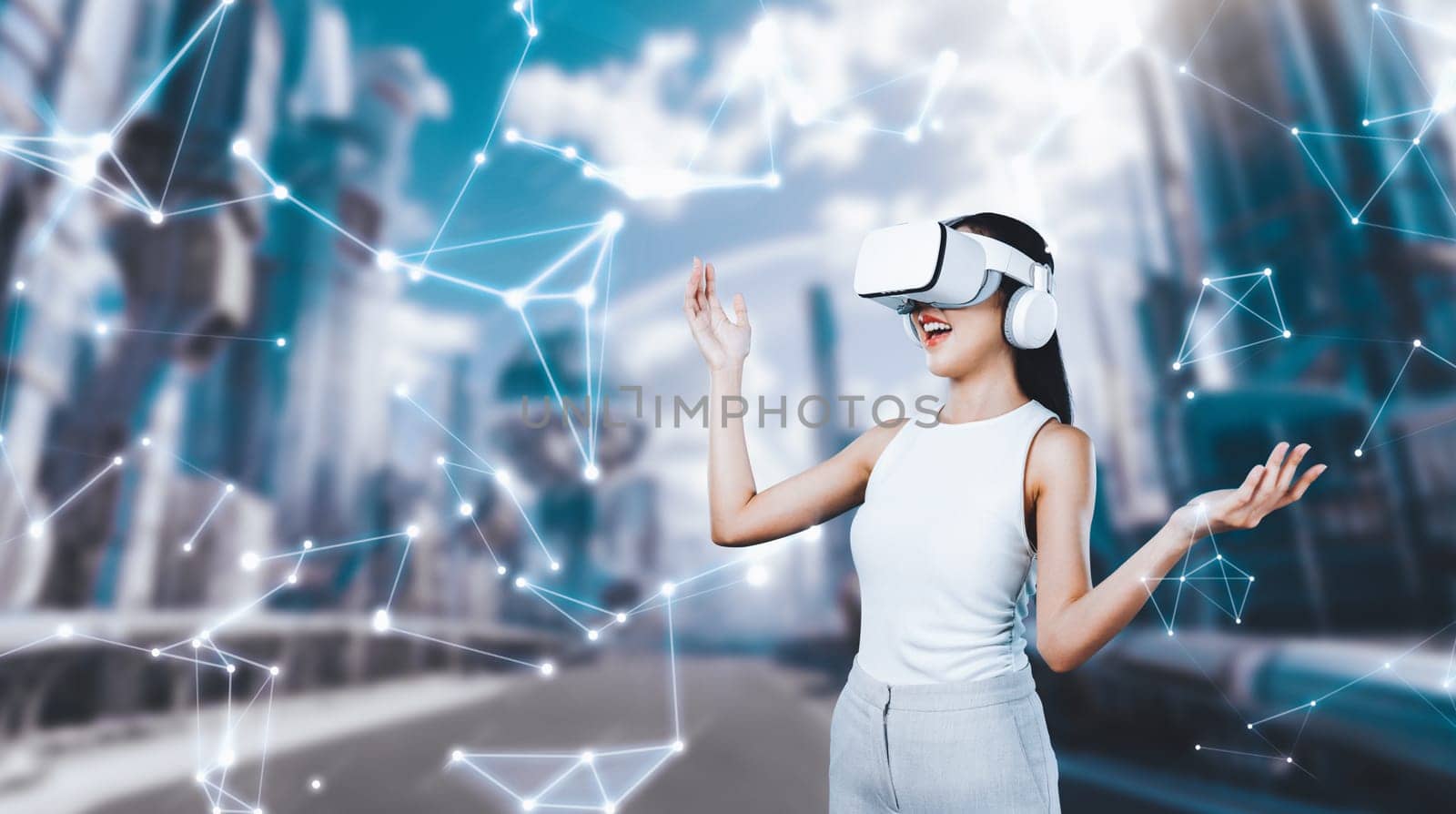 Female stand wear white VR headset and white sleeveless connect metaverse, future technology create cyberspace community. She look around and gesticulate enjoy fantasy building in meta. Hallucination.