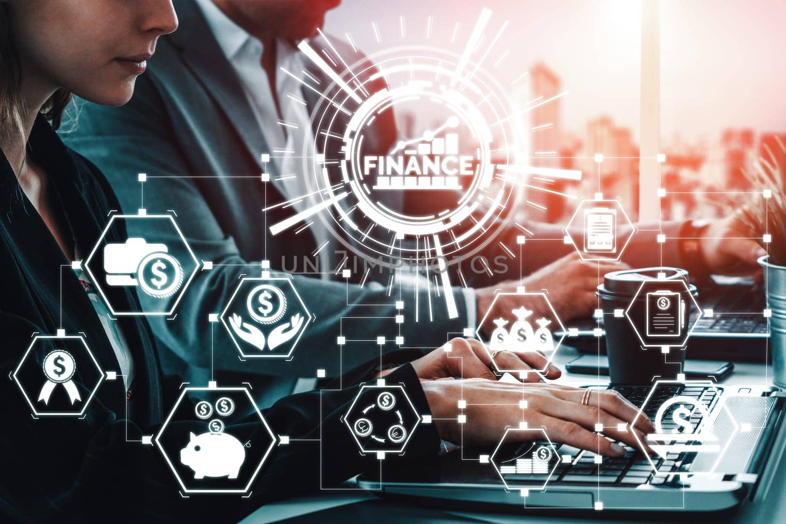 Finance and Money Transaction Technology Concept. Icon Graphic interface showing fintech trade exchange, profit statistics analysis and market analyst service in modern computer application. uds