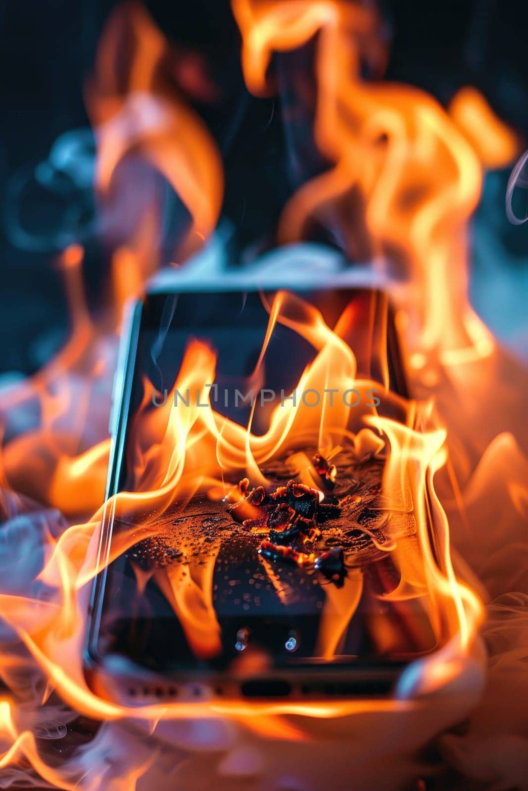 a close up of a smart phone in the form of an burn on fire