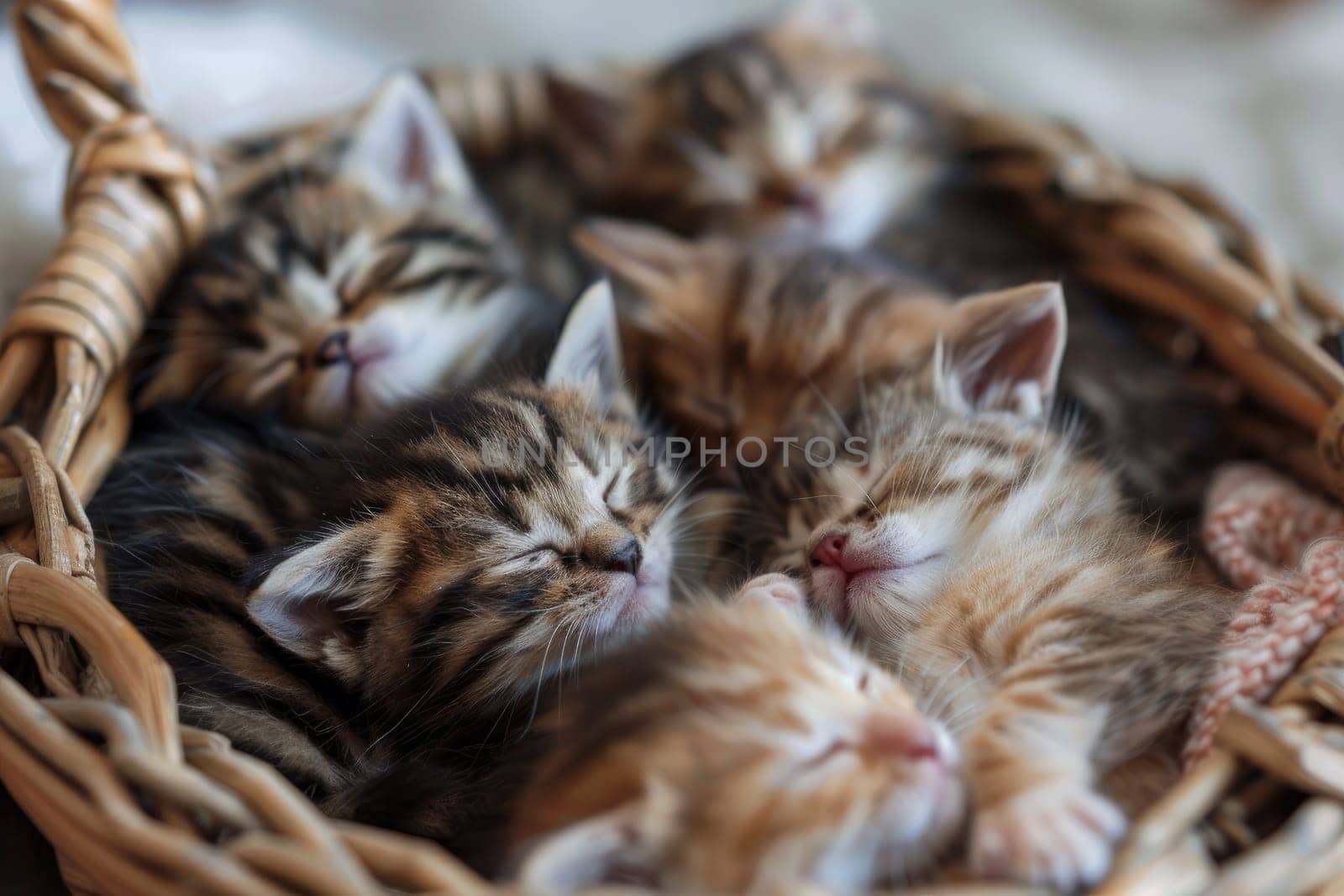 A basket overflowing with fluffy newborn kittens curled up together, fast a sleep
