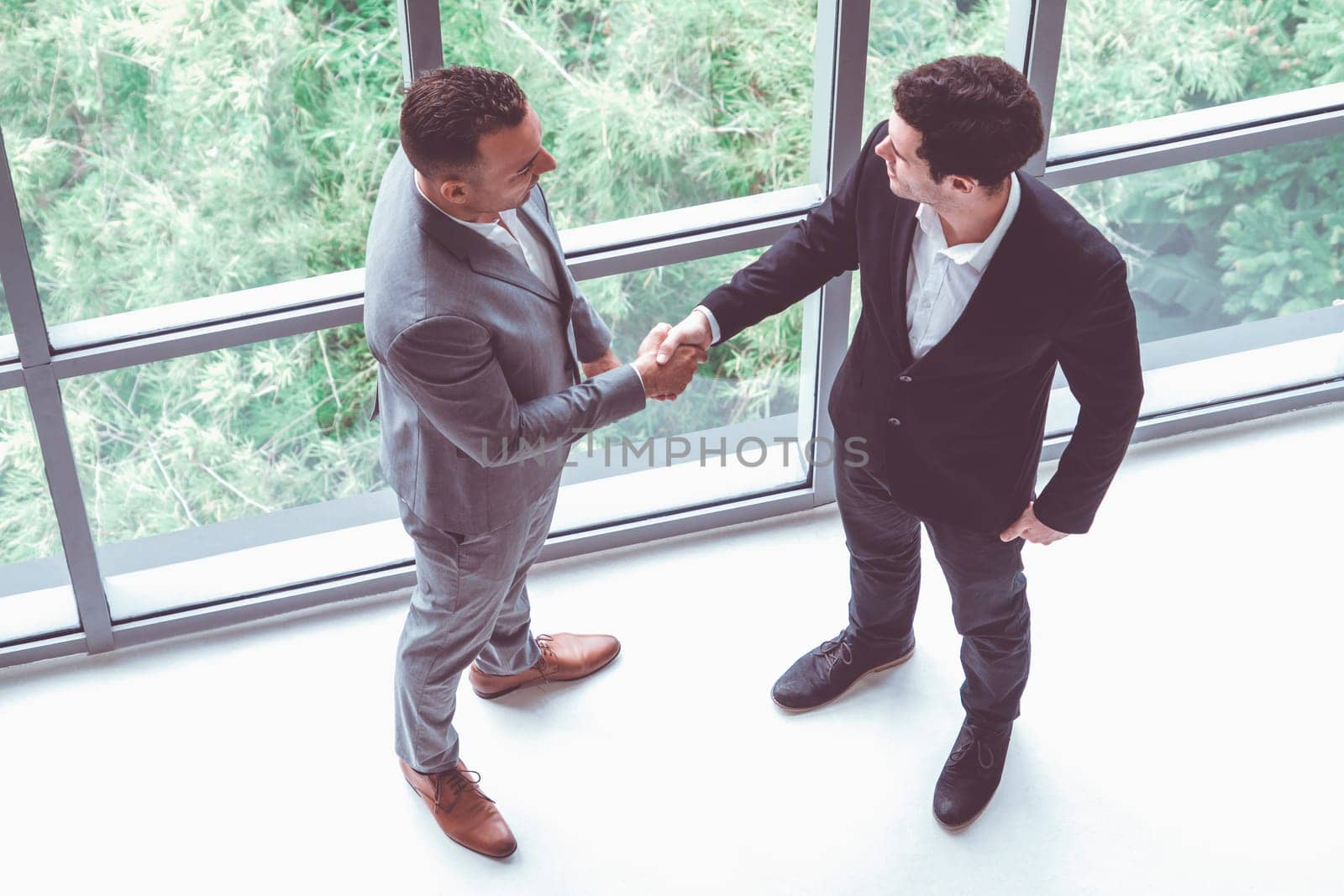 Businessman handshake with another businessman partner in modern workplace office. People corporate business deals concept. uds