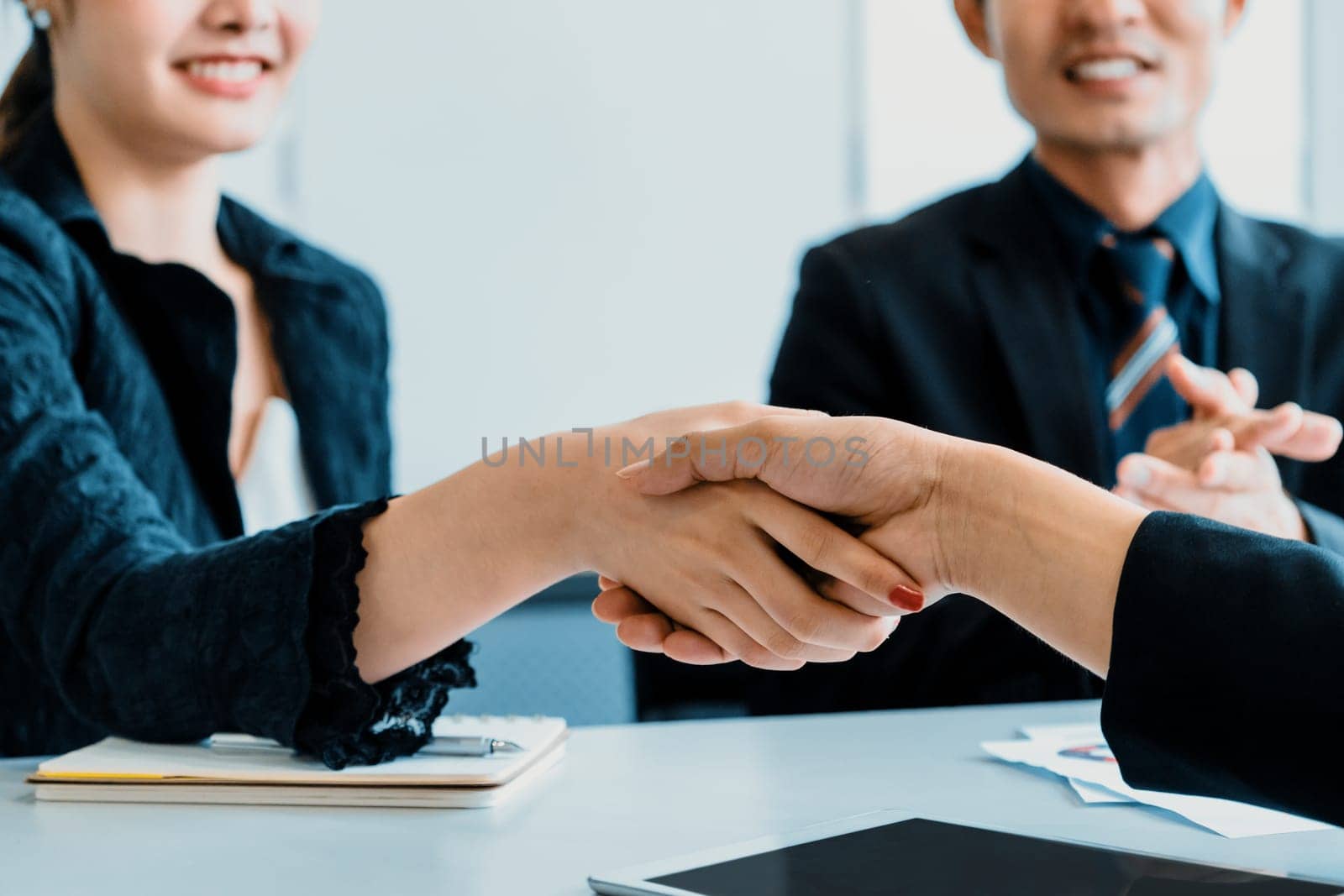 Business people agreement concept. Businessman and Asian businesswoman do handshake in the office. uds