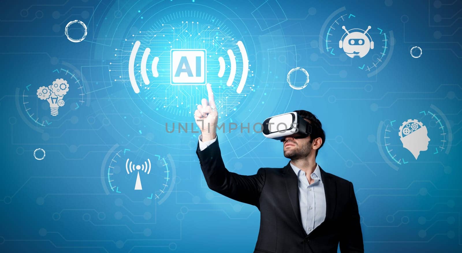 Caucasian business man using chat bot to support and assistant performance. Skilled investor using VR goggle while connecting in metaverse and visual reality world. Technology innovation. Deviation.