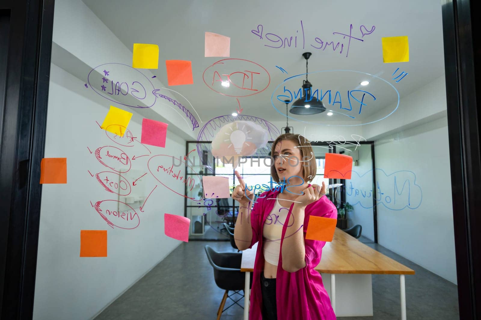 Closeup of attractive smart caucasian businesswoman brainstorms and planing marketing idea by using mind map and colorful sticker on glass board. Creative start up business concept. Immaculate.