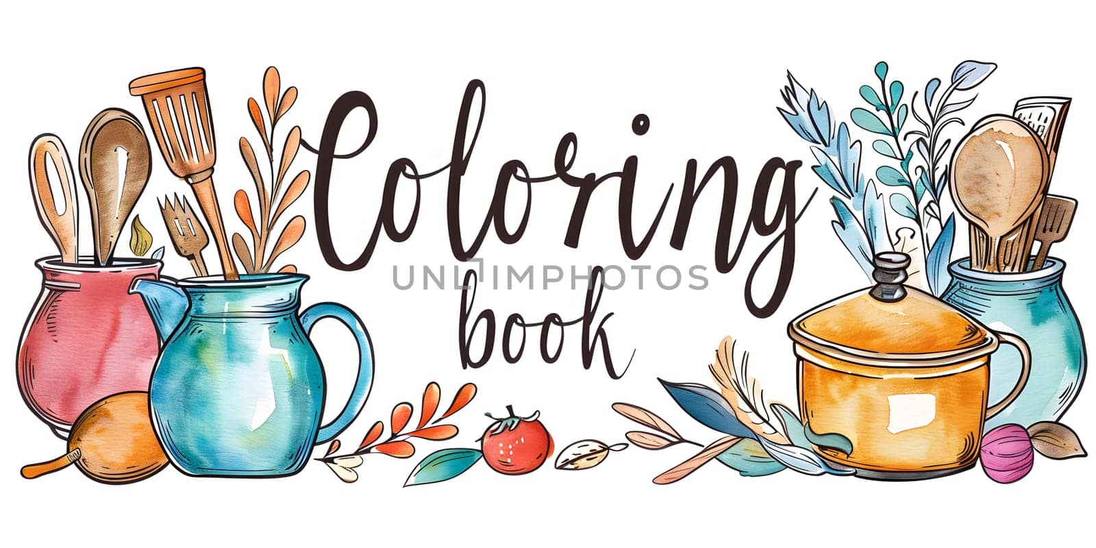 Handwriting logo featuring tableware and utensils for a coloring book by Nadtochiy