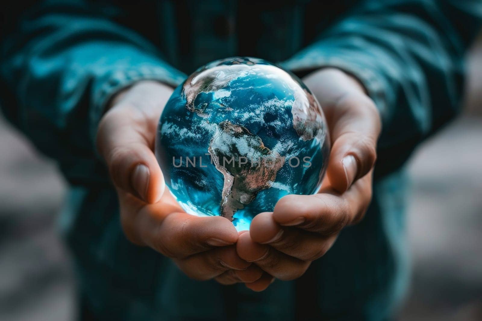 A person is holding a globe in their hands. The globe is blue and has a clear surface. The person is holding the globe with a sense of wonder and curiosity, as if they are exploring the world