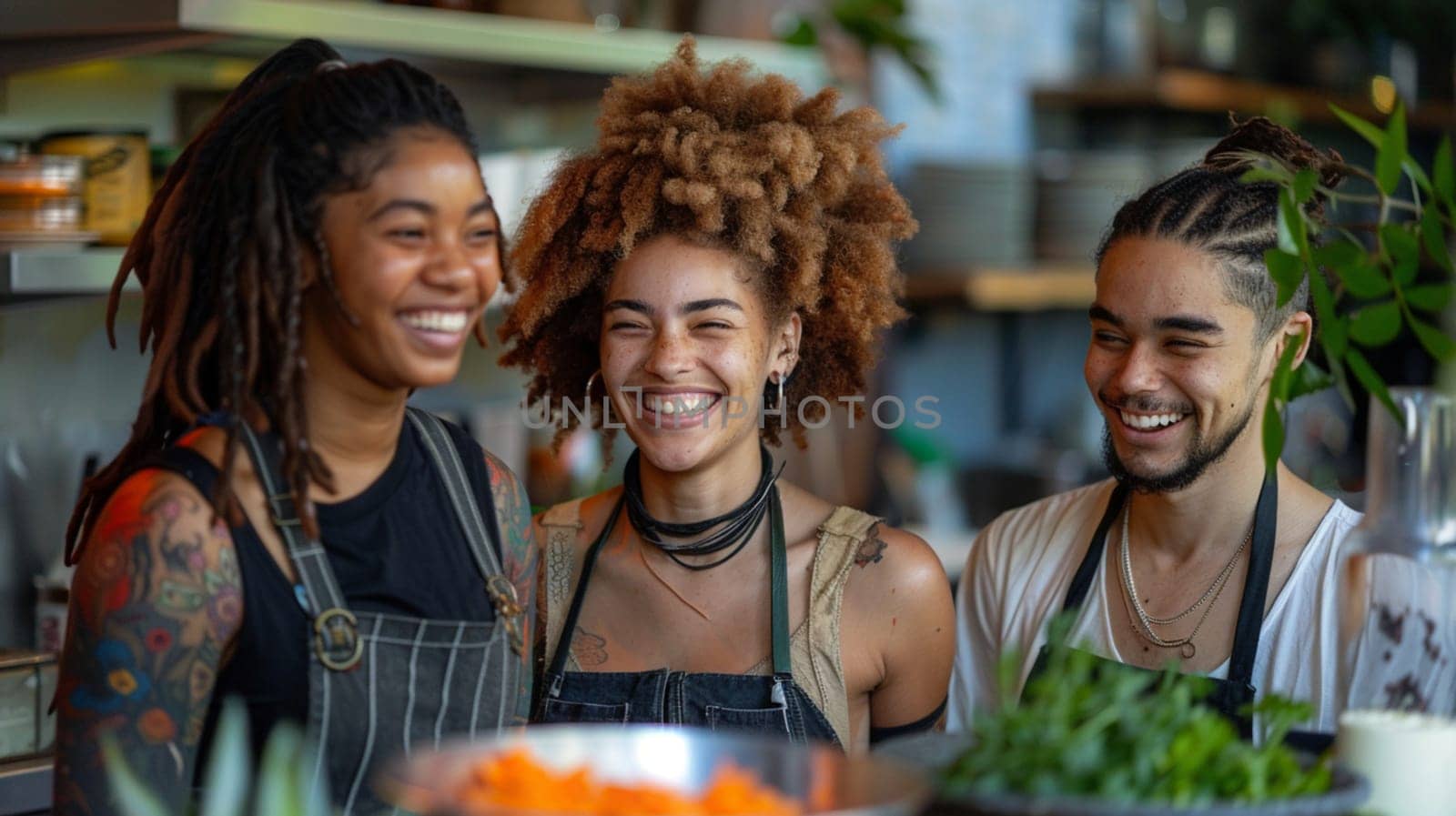 Three african vegan friends are smiling and laughing while preparing food in a kitchen by verbano