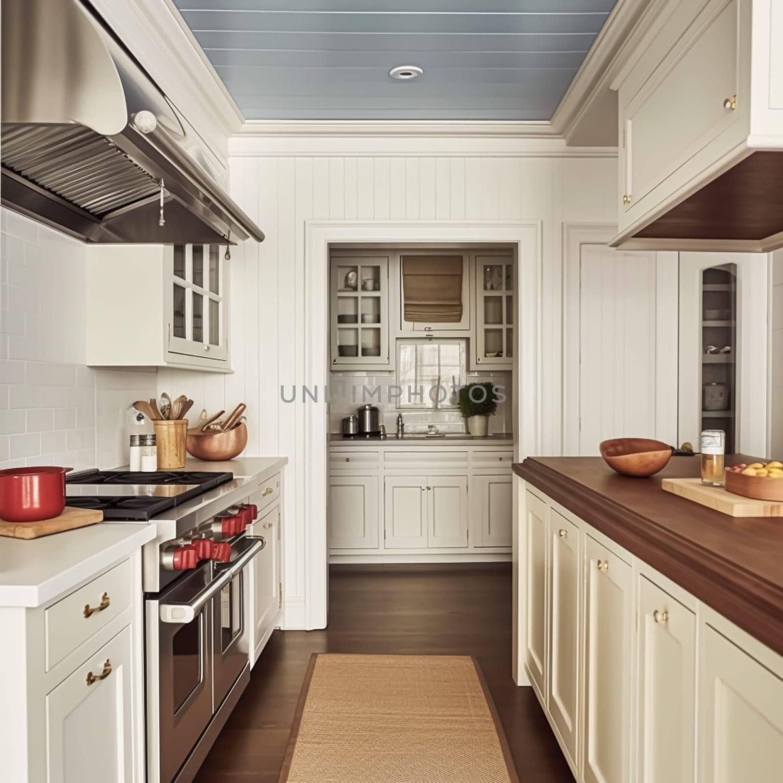 White kitchen decor, interior design and house improvement, classic English in frame kitchen cabinets, countertop and applience in the country house, elegant cottage style, post-processed, generative ai