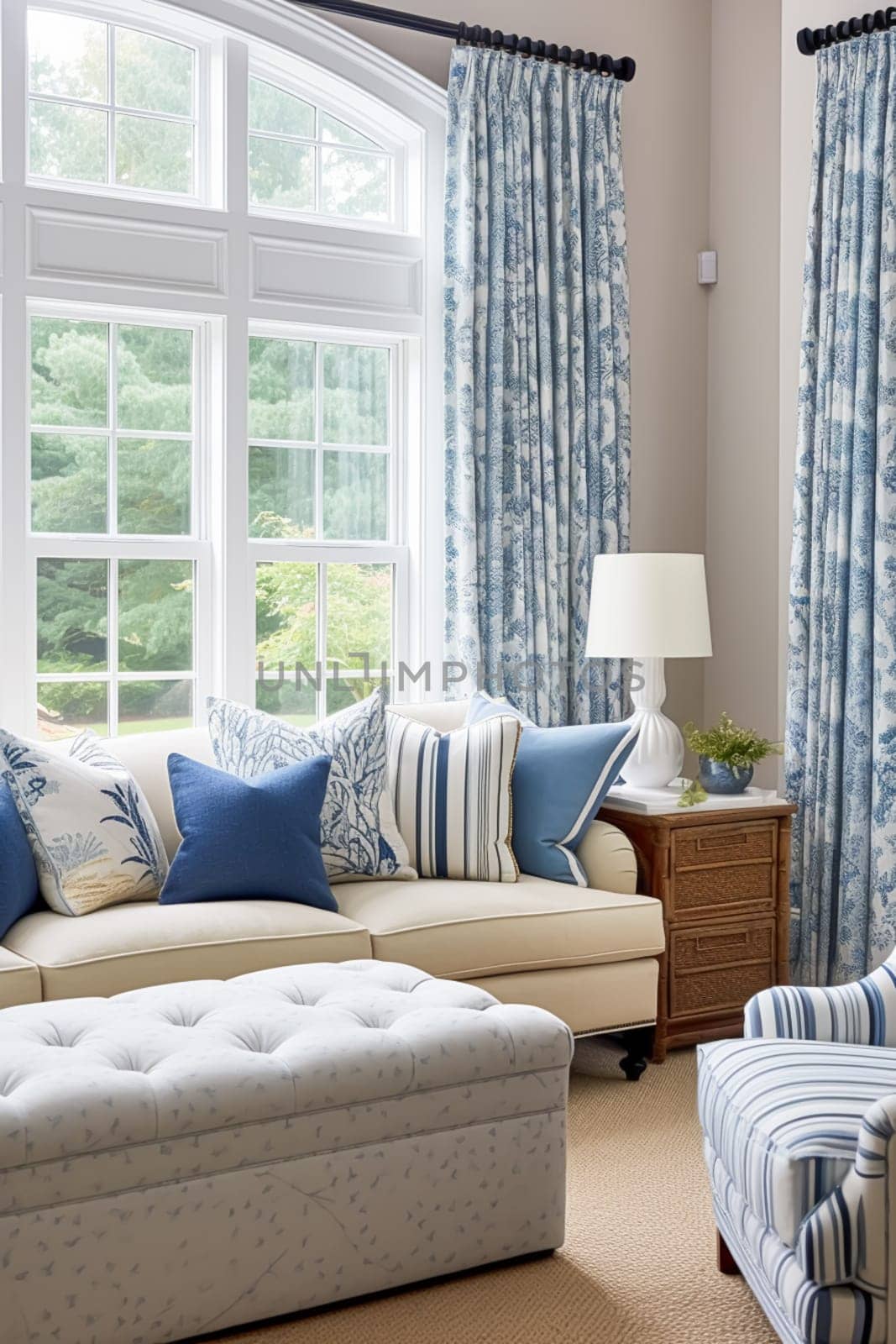 Interior design, living room decor and house improvement, furniture, sofa, home decor, white and blue textiles, country cottage lounge style, post-processed, generative ai