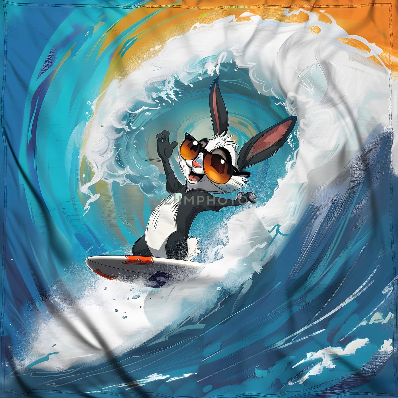 A rabbit in sunglasses is surfing on a wave, with azure liquid beneath its board. The outdoor recreation in the aqua fluid resembles a painting of wind waves