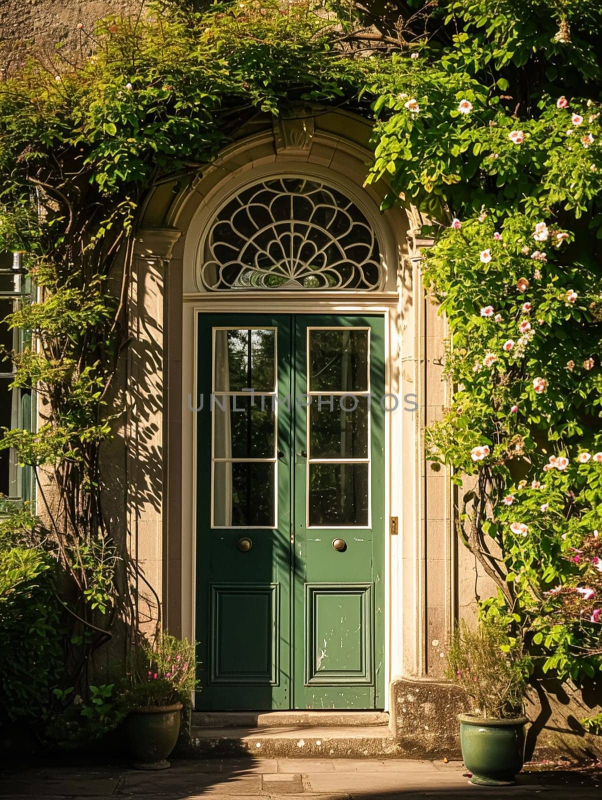 Entrance to a historic manor, framed by antique architectural elements and flanked by potted topiaries, features an aged door, the surrounding ivy and stonework add to the timeless elegance of the property