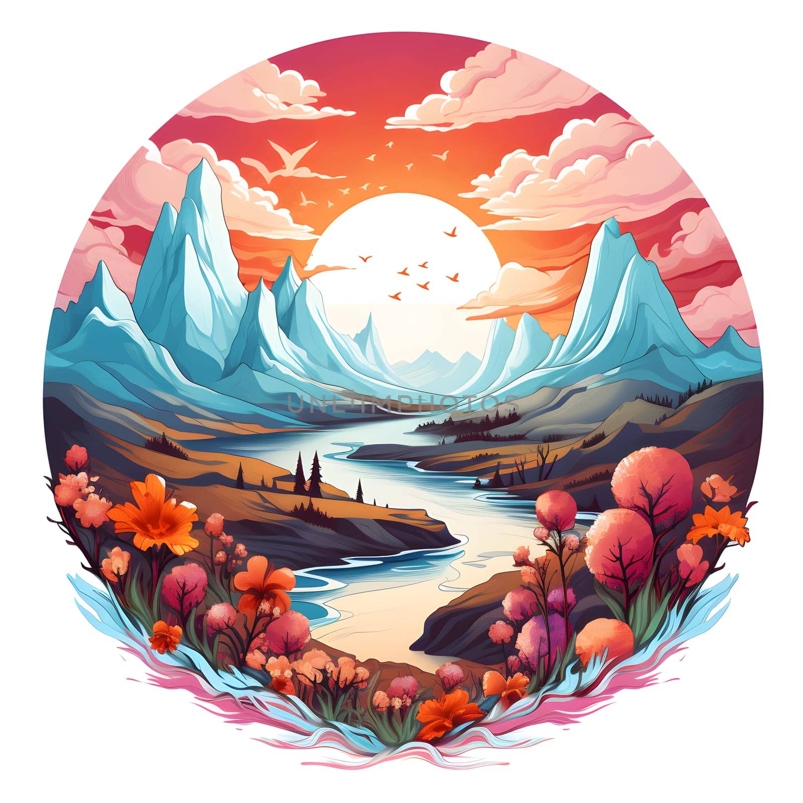 A painting of a river with mountain views and floral decor on dishware by Nadtochiy