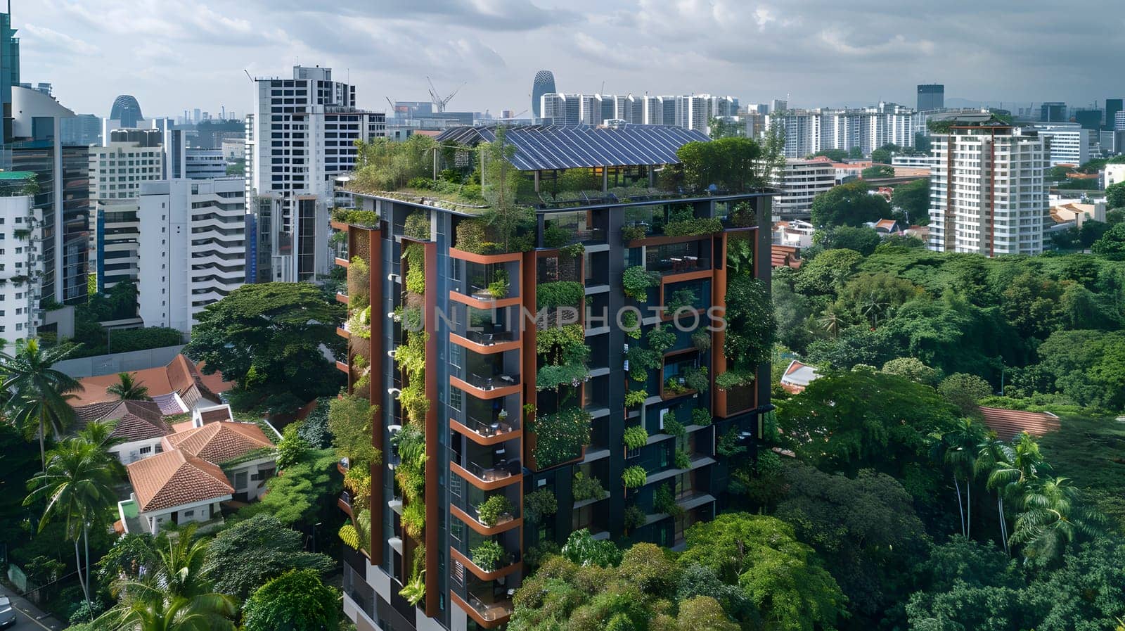 A tall building surrounded by trees and other buildings in a city, seen from above. Urban design blends with nature in this cityscape
