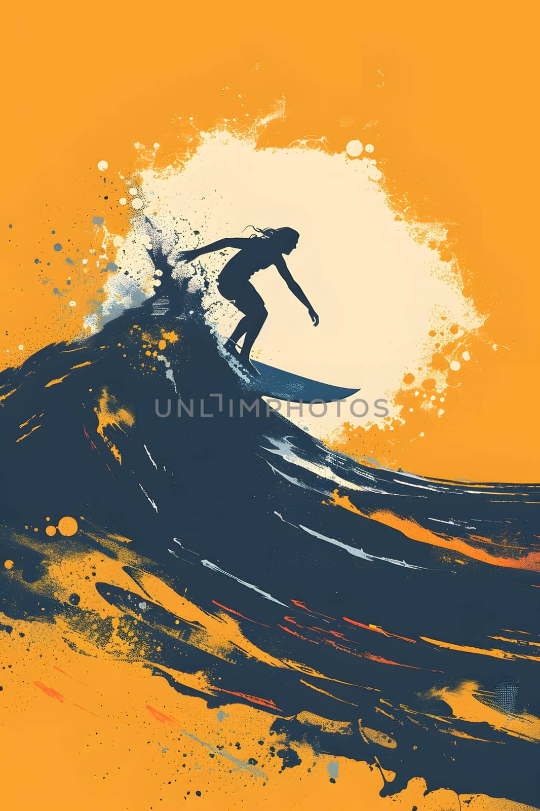 A person gracefully riding a wave on a surfboard, surrounded by the beauty of nature and sunlight. The perfect moment captured in a painting