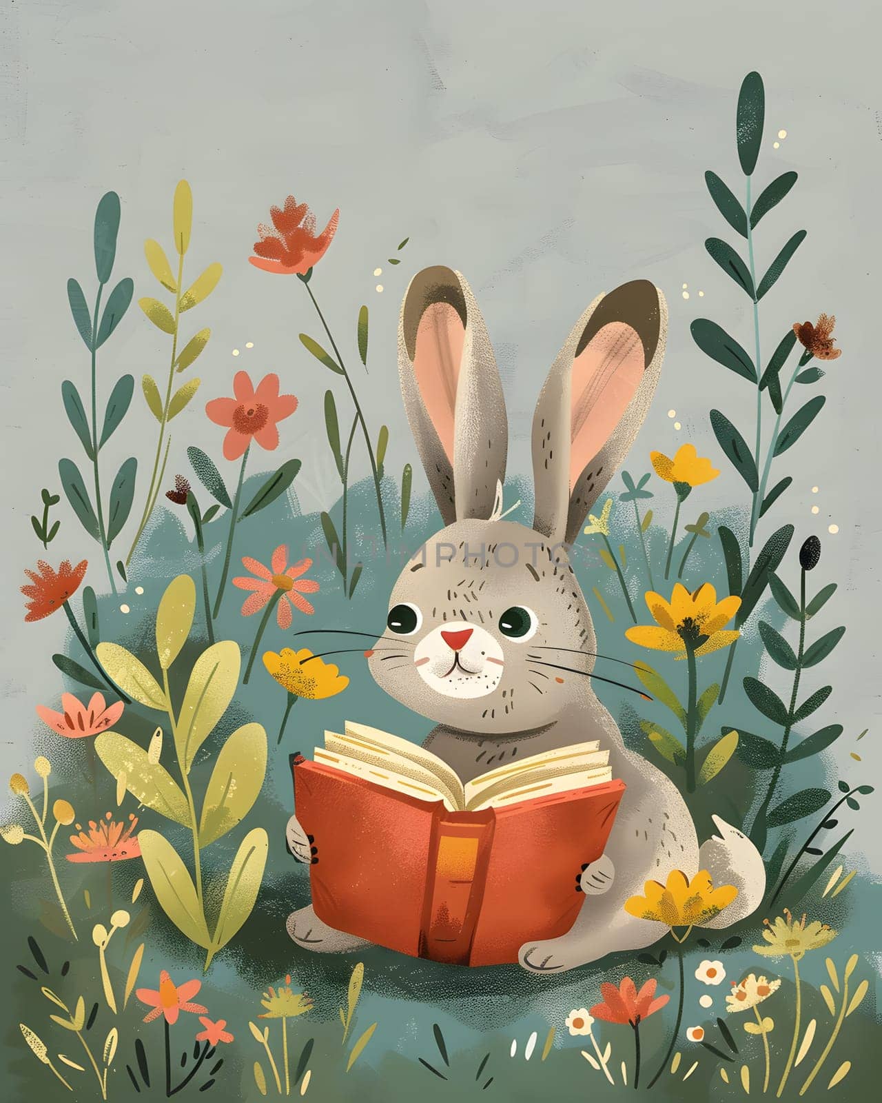 Rabbit reading book amidst flowers, inspired for art by Nadtochiy