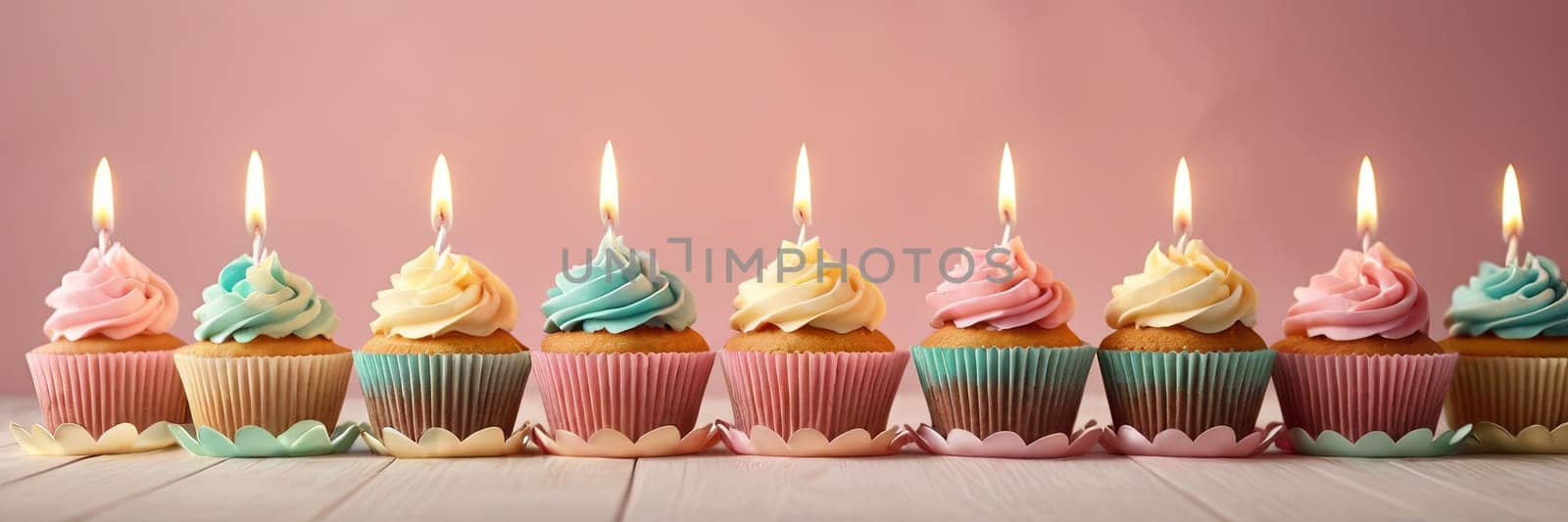 Colorful cupcakes with lit candles are displayed against a pink background, indicating an indoor celebration event marking of joy and celebrating. with free space by Matiunina
