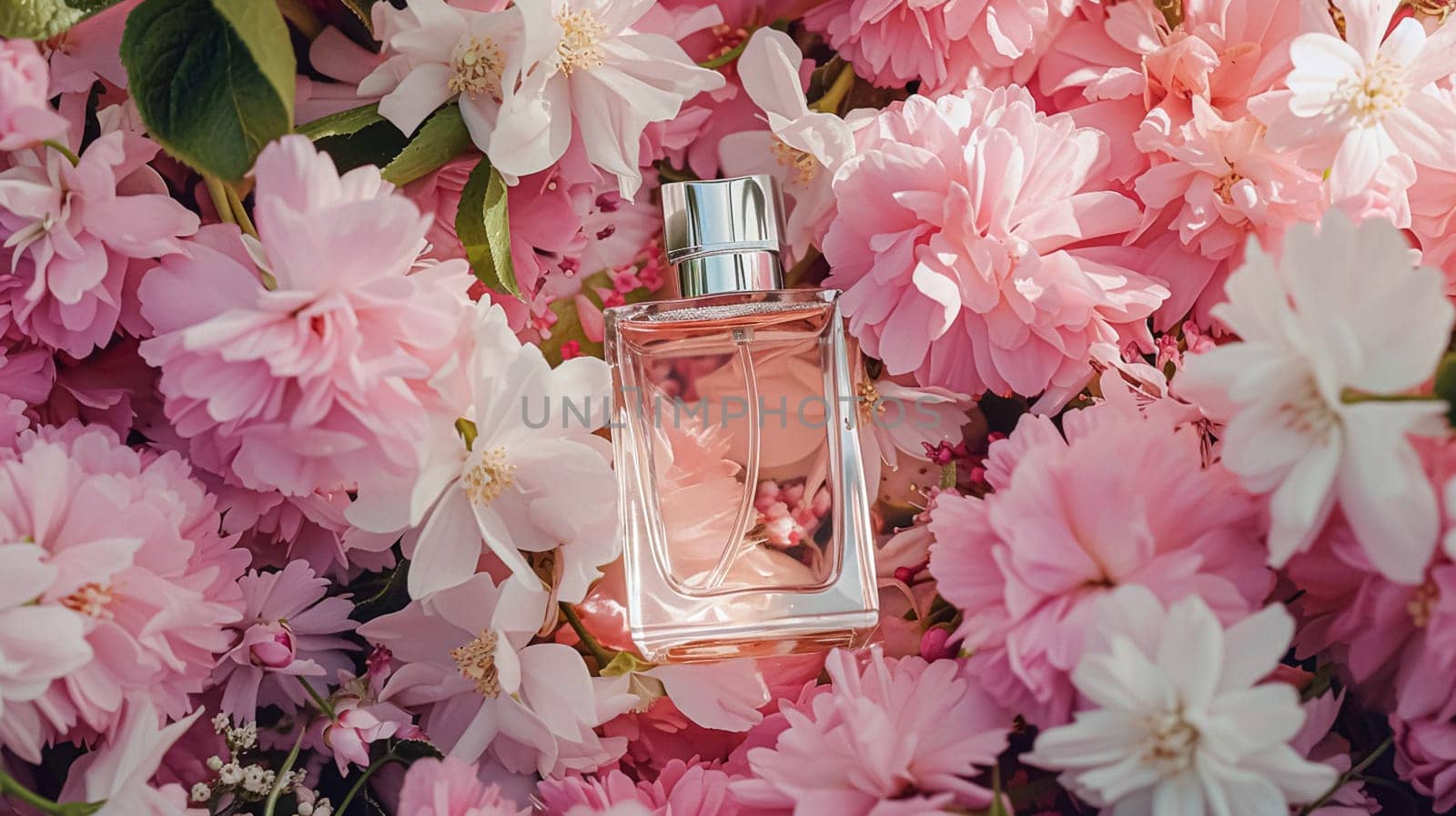 Perfume bottle in flowers, fragrance on blooming background, floral scent and cosmetic product by Anneleven