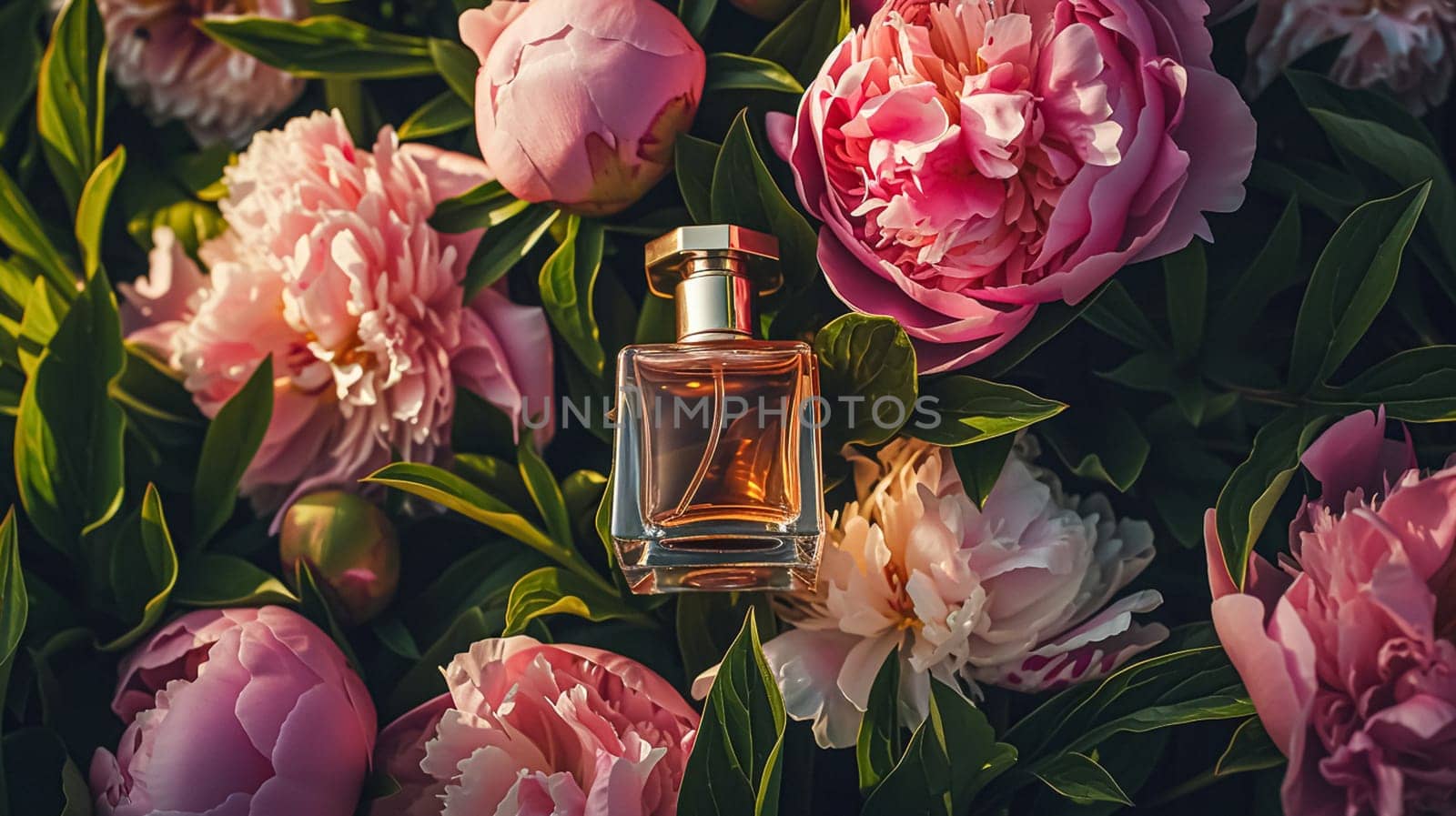 Perfume bottle in flowers, fragrance on blooming background, floral scent and cosmetic product idea