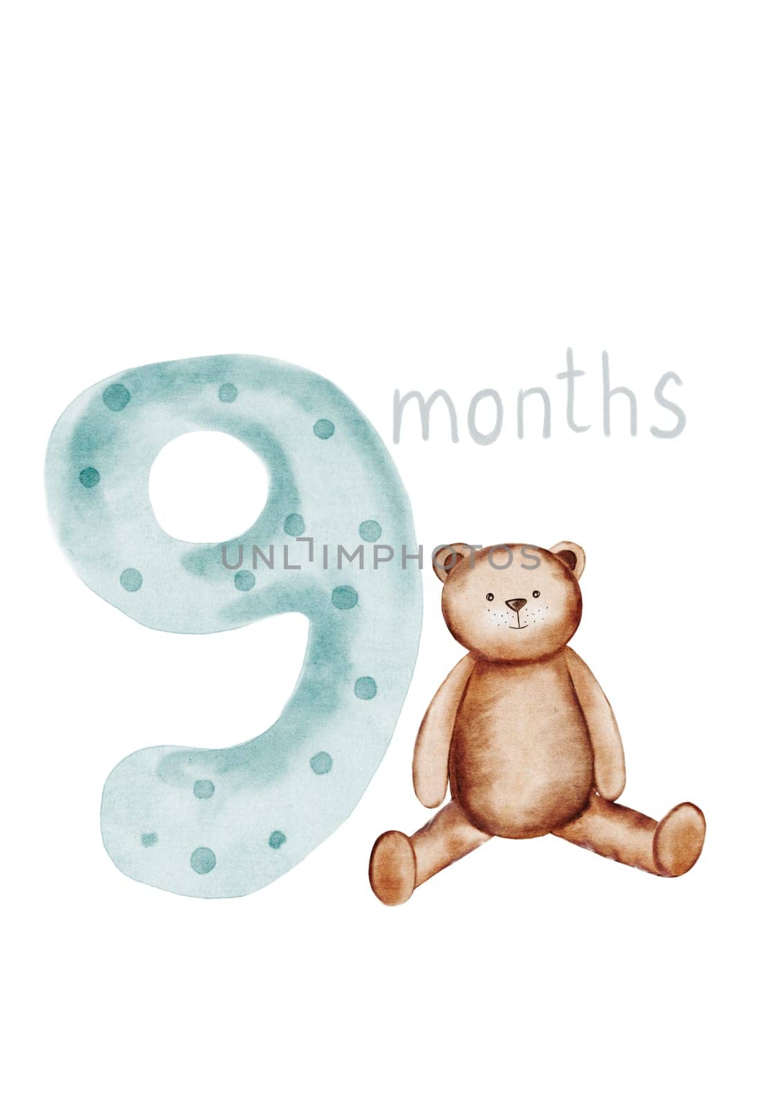 Baby months card with number 9. Cute metric hand drawing with birth month and teddy bear. Clip art isolated on white background. For newborns up to one year in boho style. Children's Monthly Milestone Card. by TatyanaTrushcheleva