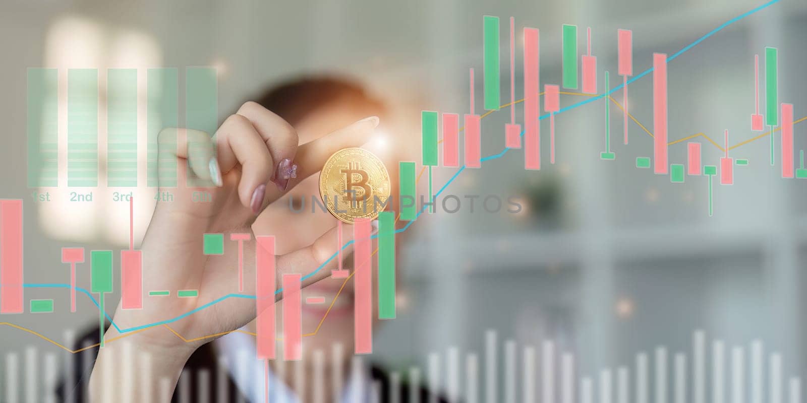 Businesswoman, investor, trade hold bitcoin convenient payment in global economy market. Virtual digital currency and financial investment trade concept. cryptocurrency by nateemee