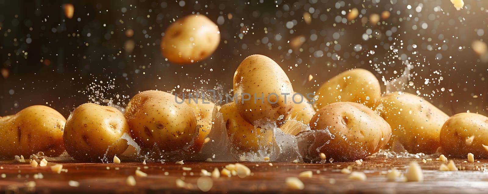 Potatoes, a terrestrial plant, are falling on a wooden table. This event of nature can inspire art, cuisine, and cooking science