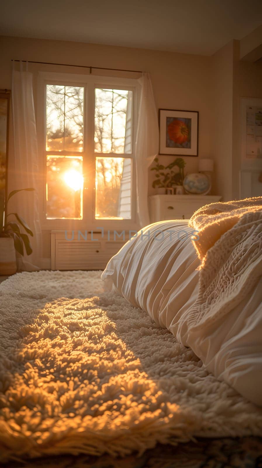 A cozy bedroom in a building with hardwood flooring and a wood bed frame. The morning sunlight shines through the window, creating a sense of comfort and warmth