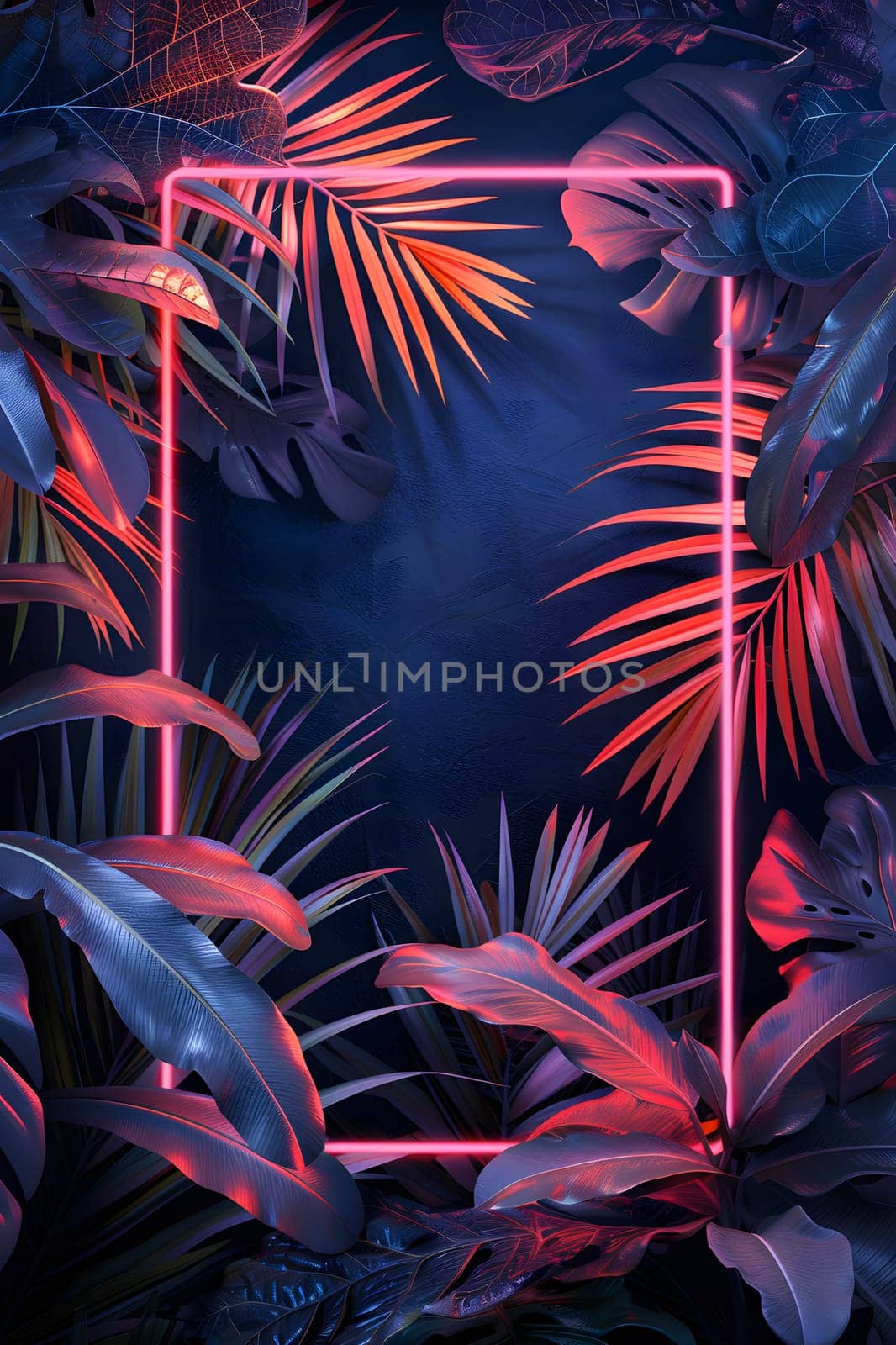 An electric blue neon frame is surrounded by tropical leaves on a dark background, resembling a marine biology scene with underwater organisms and plants