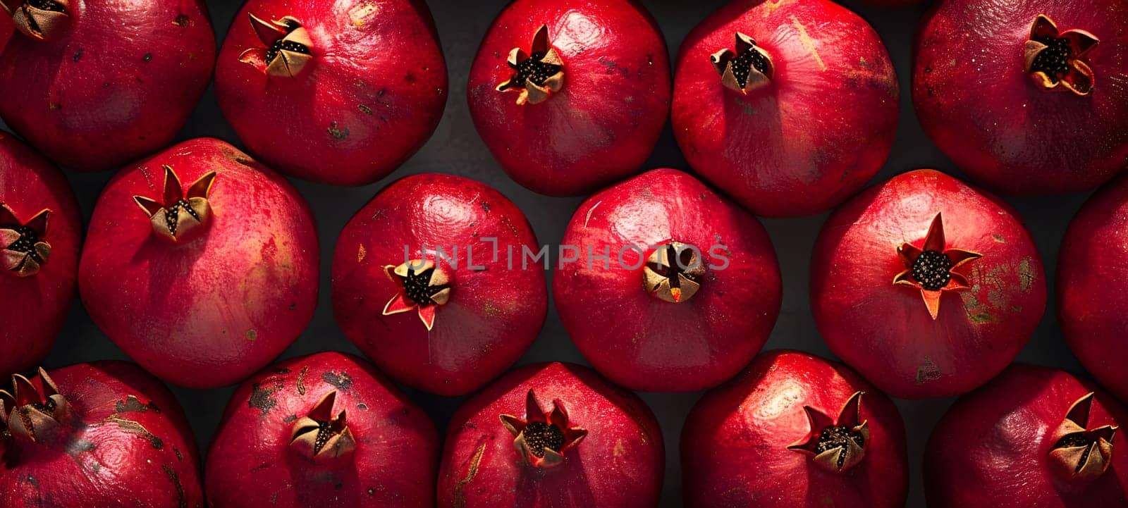 A pile of vibrant red pomegranates, a nutrientdense superfood, is displayed on a table. These seedless fruits are rich in antioxidants and considered a staple in natural foods