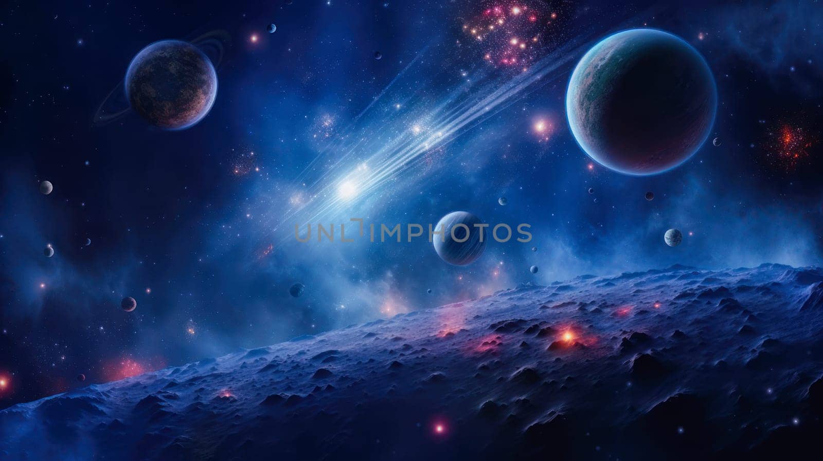 Sun, planets of the solar system and planet Earth, galaxies, stars, comet, asteroid, meteorite, nebula. Space panorama of the universe. by Alla_Yurtayeva